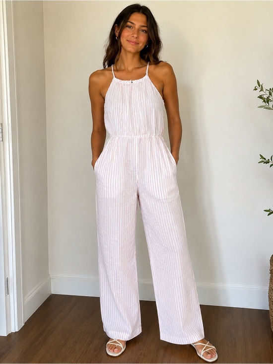 LOFT Pants - LOFT Reddish Orange Striped Halter Linen Blend Jumpsuit